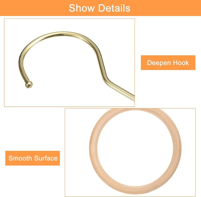 uxcell 4.65 Inch Scarf Ring Hanger, Scarf Organizer Holder Wooden Circle Rings Hanging Hook for Belt Tie Scarf, 11.8cm Length Hook (Gold)