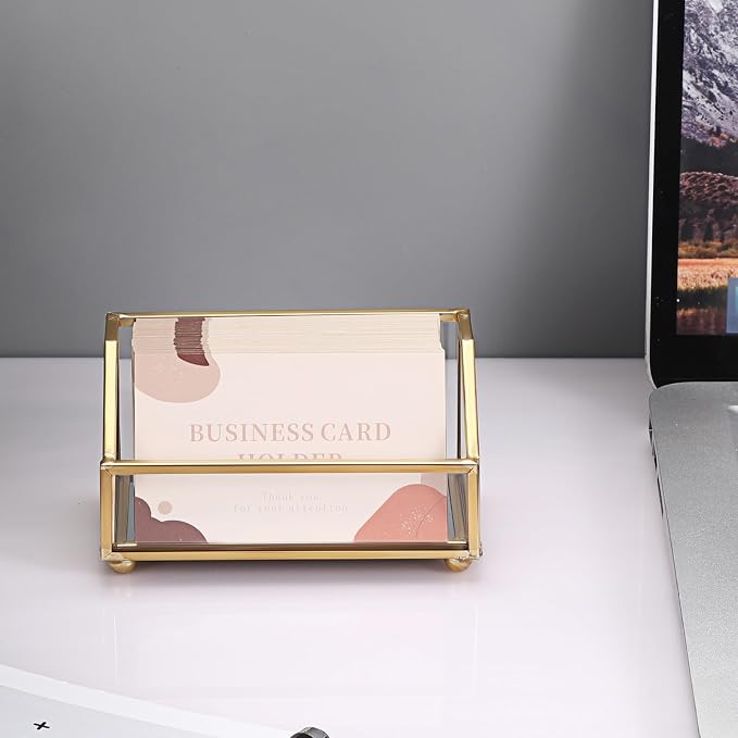 Hipiwe Glass Business Card Holder Stand, Gold Metal Frame Name Card Display Organizer, Office Desktop Countertop Business Cards Storage Holder, Fits 80-100 Business Cards