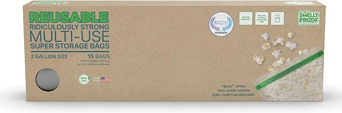 Smelly Proof Reusable Food Storage Bags, Reusable Freezer Bags, MADE IN USA, Dishwasher-Safe, BPA FREE, NO PEVA, XXL 3-mil, Extra Large Clear FLAT 2-Gallon 12” x 16”, 15-Pack