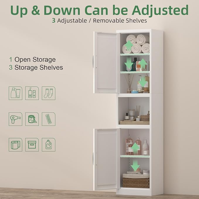 Tall Bathroom Cabinet, Slim Cabinet with 3 Adjustable Shelves, 2 Doors Narrow Storage for Bathroom, 67" H Floor Cabinet for Entryway, Kitchen, White