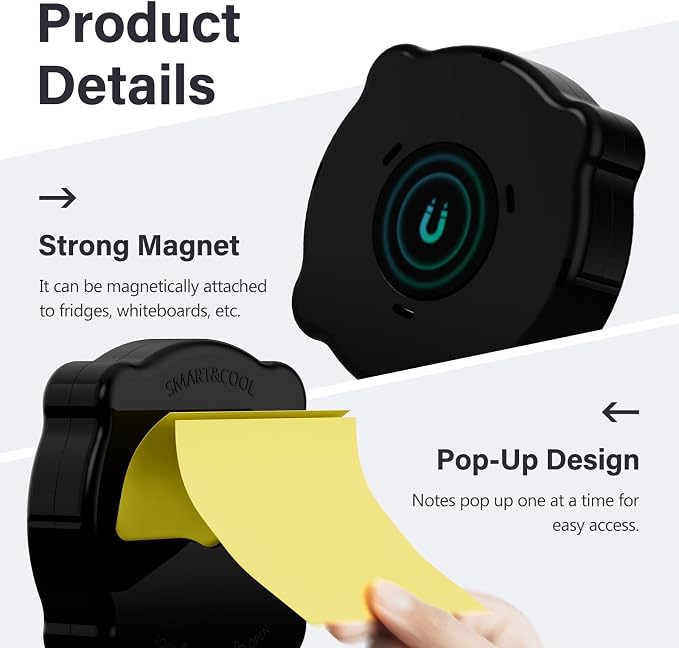 SMART&COOL Magnetic Pop-Up Note Dispenser for 3 x 3 in Accordion-Style Sticky Notes, Sticky Note Holder for Fridges, File Cabnets or Office Supplies, Includes 50 Sheets of Sticky Notes, Jet Black
