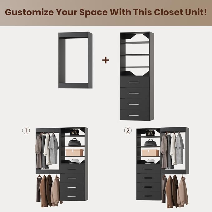 ROOMTEC Modular Closet System, 52" Wall-Mounted Closet Organizer with Drawers and Hanging Rods, Wooden Tower for Walk-In Closets, Wardrobe Storage Kit, Black