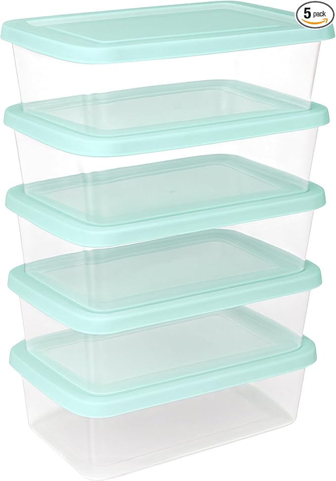 Sterilite Set of 5 Storage Boxes, Clear Plastic Stackable Containers, Lightweight Home Organizers with Snap Lids, 6 Quart, Mindful Mint