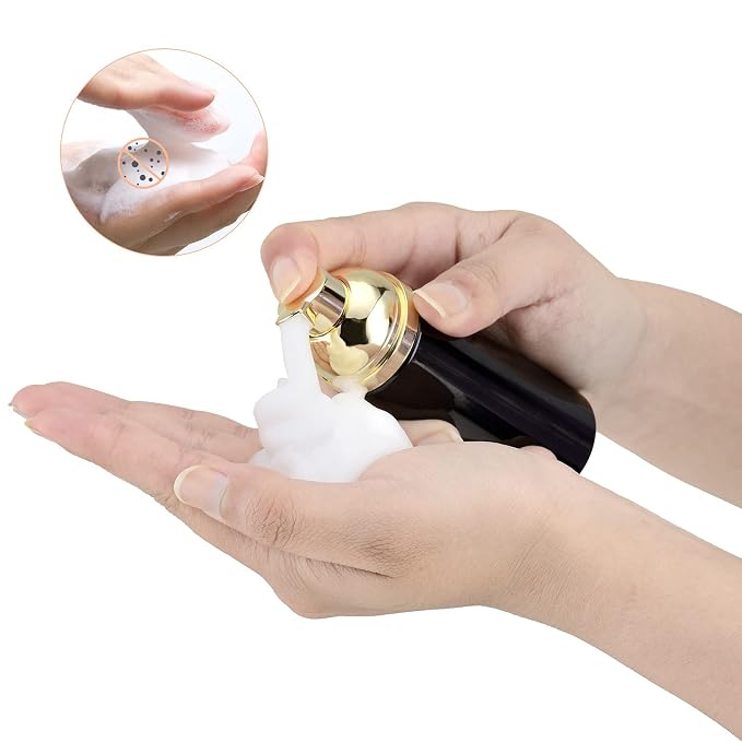 Travel Foam Pump Bottle - 2oz Small Size Foaming Hand Soap Dispenser - Mini Portable Mousse Lash Shampoo Kit Container for Hair - Empty Leak Proof Plastic Gold&Black Foamer 30Pack