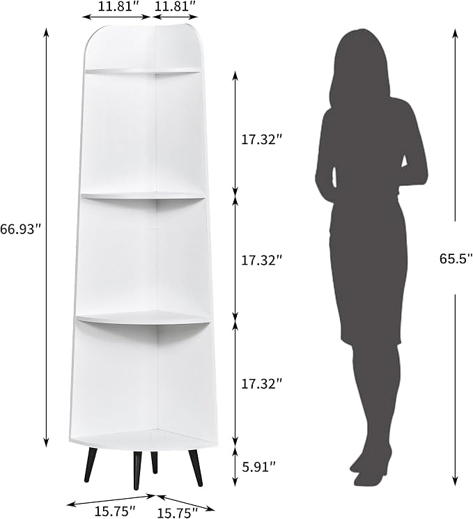 VECELO 4-Tier Curved Corner Shelf, 66.93" Tall Freestanding Corner Bookshelf, Narrow Vertical Corner Display Rack with 17.32" Spacious Open Tiers for Bedroom Living Room Small Spaces, White