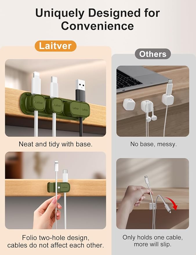 6 Pack Magnetic Cable Clips [1s Open/Lock], Cord Organizer Holder | Strong Adhesive Desk Cable Management- Organize Charging Cords Neatly for Home, Office, Car,Desk, Nightstand-Deep Green