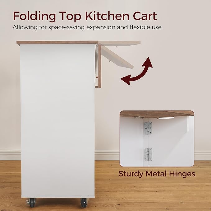 MAHANCRIS Kitchen Island on Wheels with Drop Leaf, Folding Countertop Kitchen Island Cart, Kitchen Island Table with Towel Rack, Drawer, for Kitchen, Dining Room, White and Walnut KIBZ12501