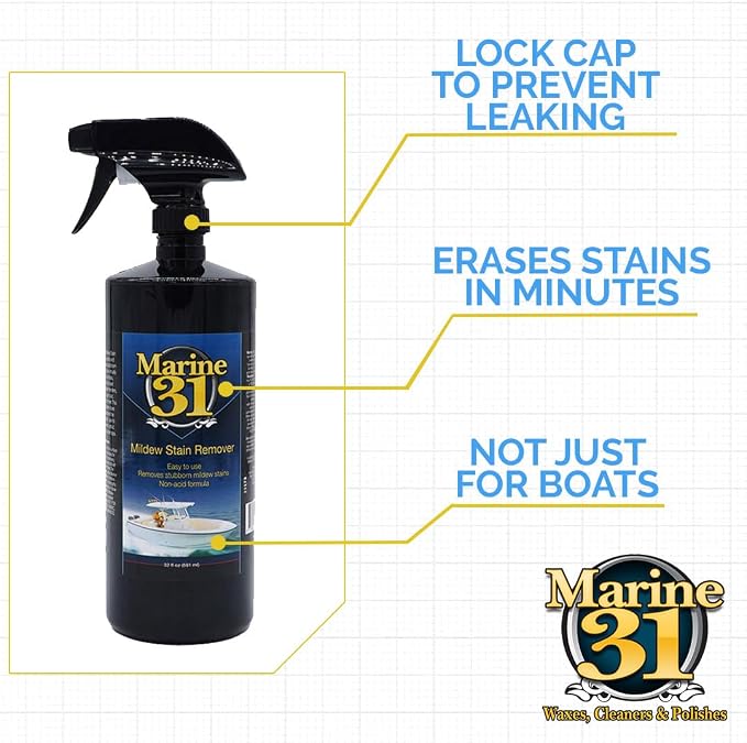 Marine 31 Mildew Stain Remover & Cleaner | Eliminates Stains from Marine, Boat, Home & Patio Surfaces | Cleans Bathrooms, Showers & More | M31-371 | 32oz