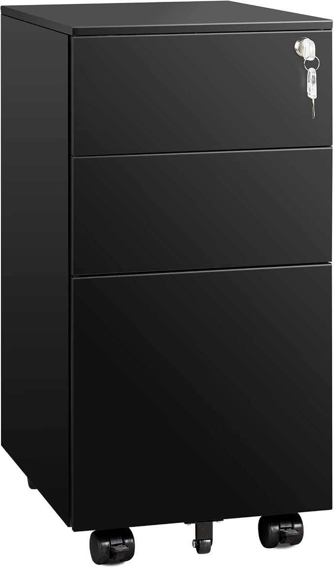 DEVAISE Slim File Cabinet, 3 Drawer Mobile Filing Cabinet for Letter/Legal/A4 Files, Fully Assembled Except Wheels, Black