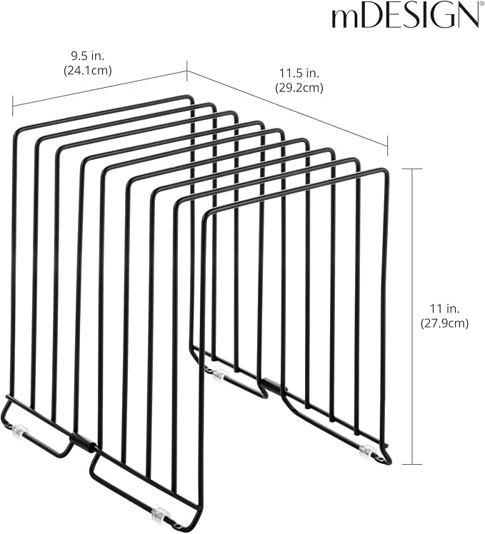 mDesign Large Metal Wire Organizer Rack for Kitchen Cabinet, Pantry, Shelves - Holder with 8 Slots for Baking Sheets, Skillets, Frying Pans, Pots, Lids, Cutting Boards, and Appliances - Black