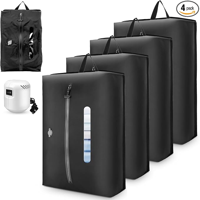 4PCS Vacuum Bags for Travel with Pump, 33L Large Reusable Compression Bags with IP68 Waterproof Zipper, Space Saving Airless Travel Bags for Luggage, Suitcase & Backpack, Black