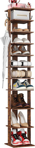 HOMEFORT 10-Tier Vertical Shoe Rack, Corner Shoe Tower, Slim Shoe Organizer with Two Hanging Hooks, Wooden Shoe Storage Stand for Entryway, Hallway, Closet, Rustic Brown