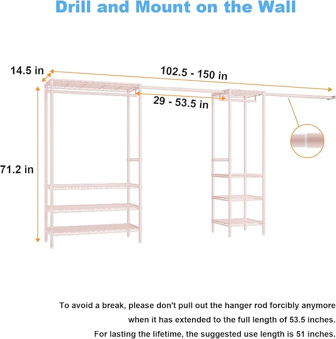 Ulif E11 Heavy-Duty Garment Rack, Metal Freestanding Clothes Rack and Closet Storage Organizer System with 8 Shelves and 4 Hanger Rods, (73.2-97.6)" W x 14.5" D x 71.2" H, Load 1034 LBS, Pink