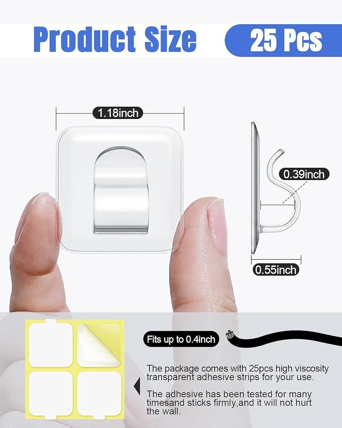 LZC Hooks for Outdoor String Lights Clips: 25 Pack Square Clear Large Heavy Duty Light Hook Waterproof Adhesive Strips - Outside Hanging Rope Light Cable Cord Holders Organizer