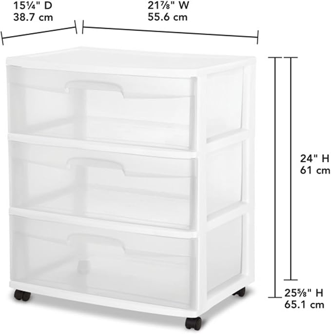 Sterilite Wide 3 Drawer Storage Cart, Plastic Rolling Cart with Wheels to Organize Clothes in Bedroom, Closet, White with Clear Drawers, 1-Pack
