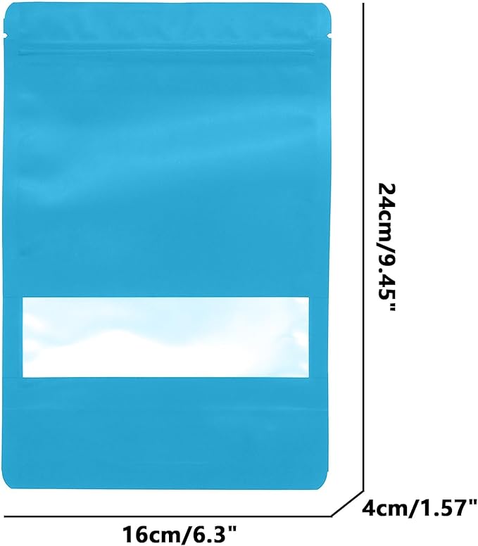 100PCS Foil Pouch Mylar Bags with Clear Window,ULIFESTAR Stand Up Sealable Bags with Tear Notches,Resealable for Food,Party Favors,Gift Packaging and Small Business(16 * 24cm/6.3 * 9.45",Blue)
