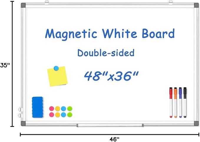 WALGLASS Large Whiteboard, 48" x 36" Double-Sided Large Dry Erase White Board for Wall, Hanging Whiteboard with Silver Aluminium Frame for Home, School, Office, Kitchen