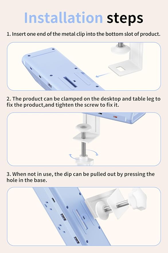 6.5 FT Desk Clamp Power Strip with 5 AC Outlets & 6 USB Ports PD 40W USB-C Fast Charging, Extension Cord with Multiple Outlets, Fits 2.1 in top Edge Blue