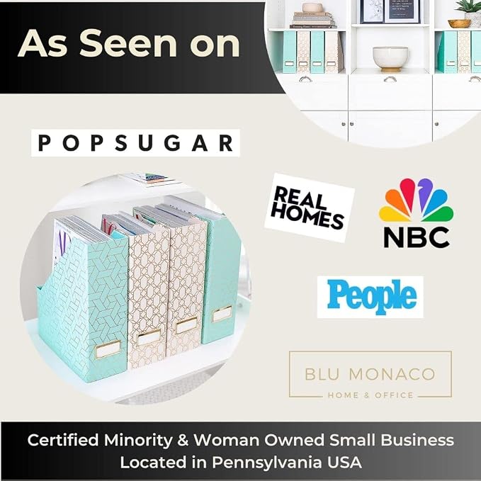 BLU MONACO | Set of 4 Foldable Pink & Aqua Magazine File Holders with Gold Geometric Patterns | Vertical File Organizer Boxes with Gold Label Holders for Home & Office