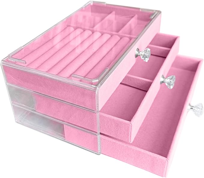 Clear Acrylic Velvet Jewelry Organizer with 3 Drawers, Stackable Display Storage Earrings Necklace Rings Bracelets Box Holder Case for Women, Pink