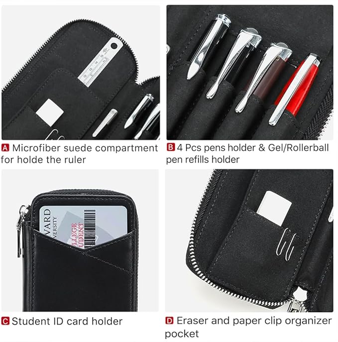 CONTACTS Full Grain Leather Pencil Case Handmade Vintage Zipper Pen Holder Pouch with Card Slot Pens Organizer Pockets Stationery Bag for Men and Women (Black)
