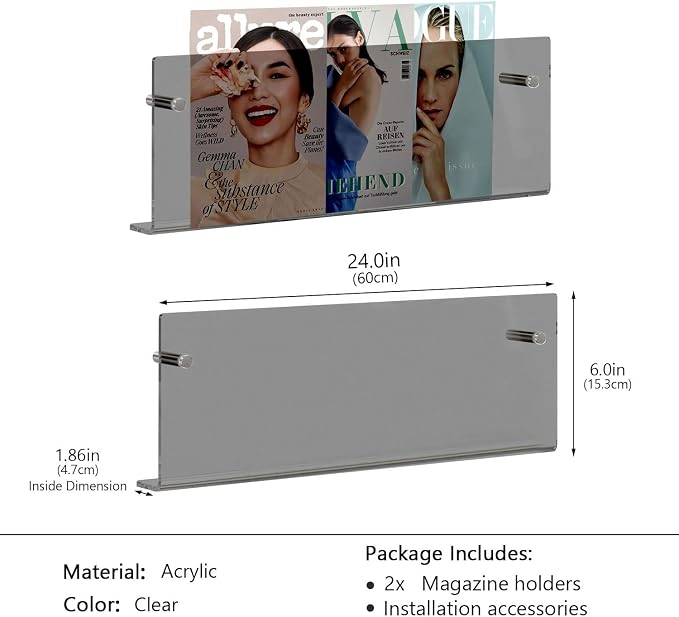 2-Pack Black Acrylic Magazine Holder Brochure Holder, 24 Inch Hanging Magazine Rack with Hardware, Floating Bookshelf Brochure Display Organizer for Home, Office, Reception Area