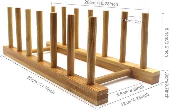 Bamboo Wooden Plate Racks Dish display Holder Kitchen Storage, Pack of 2 | Cabinet Organizer for Dish / Plate / Bowl / Cup / Pot Lid / Cutting Board/ Book (vertical)
