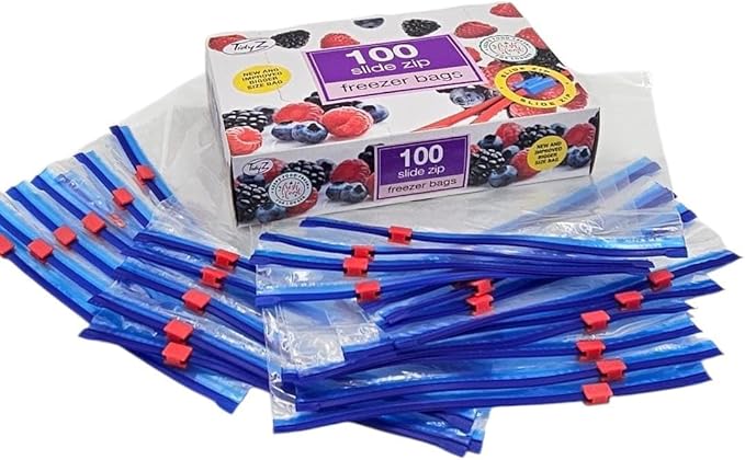 TidyZ 100 Slide Zip Lock Bags, Food Storage Freezer Bags, BPA Free Zip Seal Freezer bags for Fruit, Vegetables, Meat & Snacks - Reusable. In a dispenser Box. Large 23x23cm