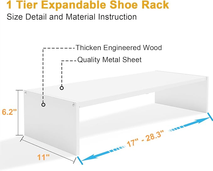 Cidaziya 2 Pack Expandable 1 Tier Shoe Rack for Shoe Cabinet, 1 Tier Stackable White Shoe Shelf Organizer for Closet, Sturdy Metal and Wood Structure, Hold 12-16 Pairs of Shoes