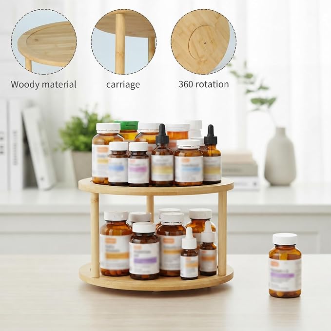 2 Tier Wooden Lazy Susan Organizer, 360 Degree Rotating Medicine Cabinet Turntable for Bathroom, Kitchen Cupboard, Countertop, Pantry and Spice Bottle Storage