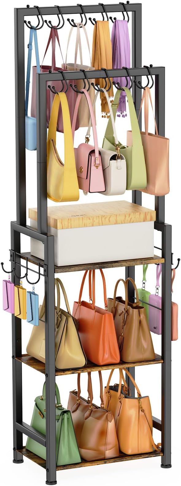 Tall Purse Organizer with Double Rods:Purse Rack Stand with 10 Purse Hanger & 6 Side Hooks,Visible Backpack Handbag Storage, Space-Saving Bag Organizer Rack for Home, Closet, Small Space,Black