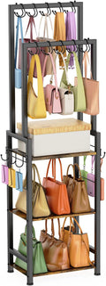 Tall Purse Organizer with Double Rods:Purse Rack Stand with 10 Purse Hanger & 6 Side Hooks,Visible Backpack Handbag Storage, Space-Saving Bag Organizer Rack for Home, Closet, Small Space,Black