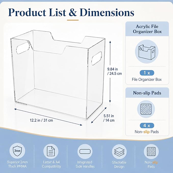 Acrylic File Organizer Box with Handles, Clear | Desktop File Organizer, For Letter Size and A4 Folders, Portable Folder Holder, Includes 4 Non-Slip Pads