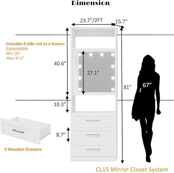 Closet System with 3 Drawers, Mirror with Lights,2 Shelves,4 Rods, 2FT–9FT | Custom Modular Organizer, Built-In LED Mirror, 3 Light Modes,4 Adjustable Rods, Freestanding, White