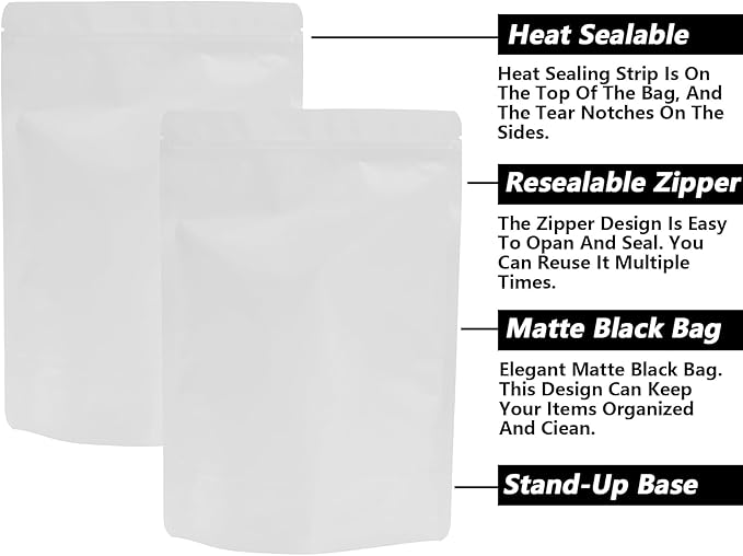 50PCS Smell Proof Resealable Pouch Bags,ULIFESTAR Aluminum Foil Flat Food Storage Bag,Sealable Pcsaging Zipper Pouches with Tear Notches for Pcsaging Lipgloss,Jewelry,etc(18*26cm/7.09*10.24",White)