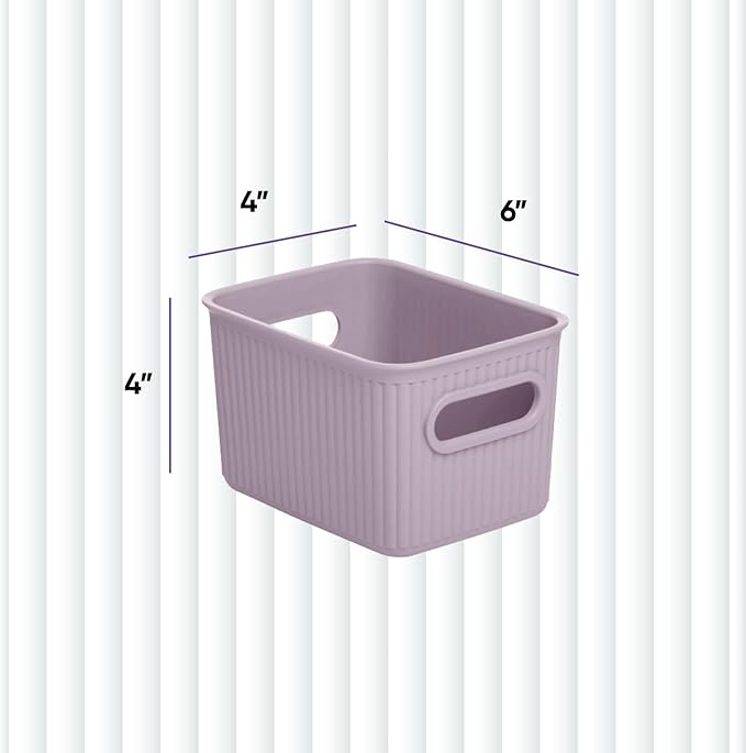 Superio Ribbed Collection - Decorative Plastic Basket Open Home Storage Bins Organizer, Small Lilac Purple (6 Pack) Container Boxes for Organizing Closet Storage Bins for Shelves 1.5 Liter