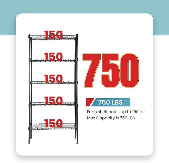 Meet perfect 5-Tier Wire Shelving Unit, NSF Certified Metal Storage Rack, 750 lbs Capacity Heavy Duty Shelf, Adjustable Pantry Organizer for Kitchen Garage Laundry, 47.6" H x 21.5" W x 11.6" D
