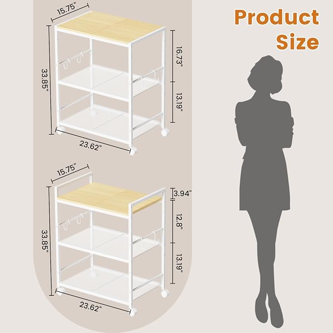 3-Tier Microwave Stand, Kitchen Microwave Cart with Adjustable Shelf | Rolling Kitchen Storage Cart on Lockable Wheels, Coffee Cart Shelf Rack Organizer for Kitchen, Living Room, Balcony, White