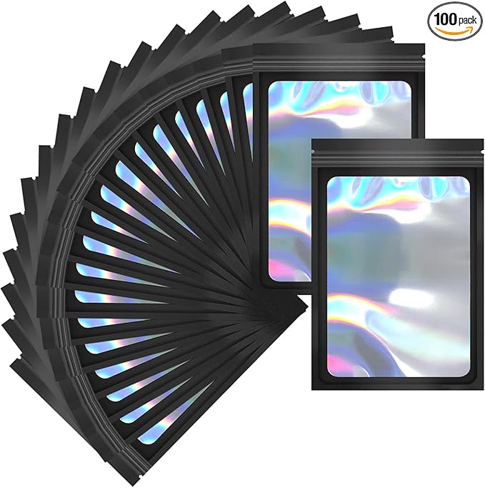 100 Pack Mylar Holographic Packaging Bags Resealable Candy Bags with Clear Window Foil Pouch Bag for Lipgloss, Jewelry, Sample Bag for Small Business (Black, 6.3x9.4 Inch)