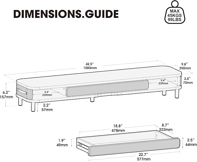 Fenge Dual Monitor Stand with Large Storage Drawer, 42.5" Dsek Shelf, Oak | Slide-Out Drawer, Ergonomic Monitor Riser, Aluminum leg, 2-Tier Desk Organizer for Laptop, TV, PC