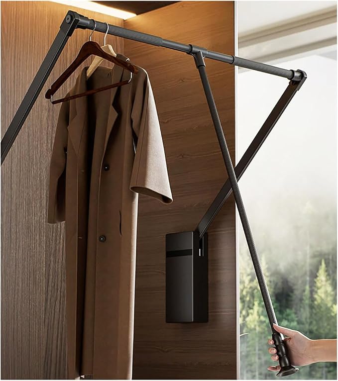 Pull Down Closet Rod for Hanging Clothes, Retractable Wardrobe Hanger for Cabinet Inside Width 21.6"~26", Aluminium alloy Tubing with Plastic Housing, 44 lb Weight Rating