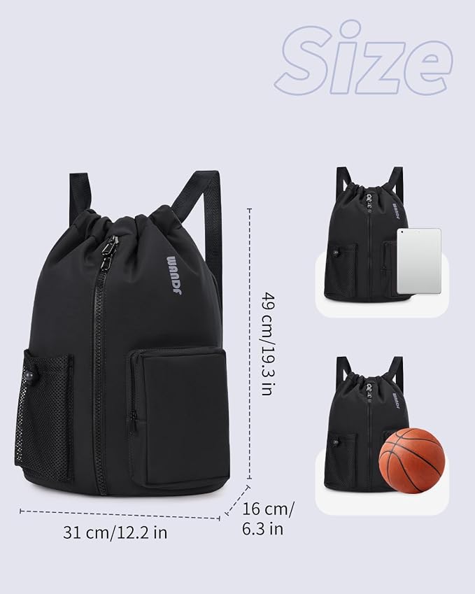 WANDF Drawstring Backpack with Shoe Compartment, Sports Gym Bag | Multi-Pocket Storage, Water-Resistant Fabric, Cinch String Bag