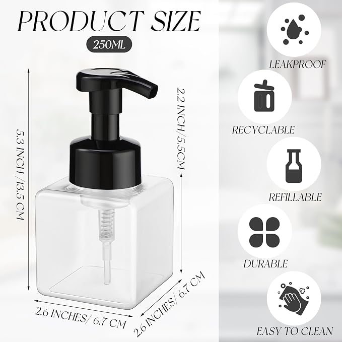 Domensi Foaming Soap Dispenser 8.5 oz Foam Pump Bottle Bulk Empty Travel Foaming Dispenser Refillable Hand Soap Plastic Pump Bottle Travel Clear Container for Bathroom Vanities(24 Pcs,Black)