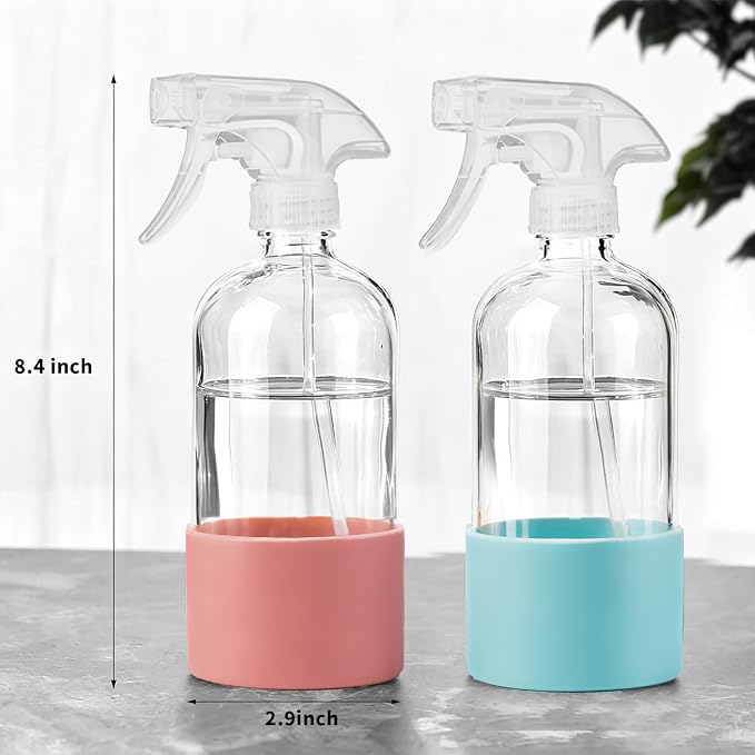 Glass Spray Bottles (2-Pack) with Silicone Sleeve - 16oz Empty Refillable Bottles - Adjustable Nozzle for Hair, Plants, Cleaning & DIY Solutions - Blue & Grey (pink+Green)
