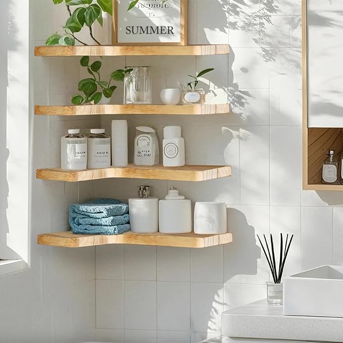 Floating Corner Shelves, Wall Shelf Set of 2, Shelves for Wall Storage, Solid Wood Shelves for Storage, Wall Mount Wooden Display Shelf for Bathroom Bedroom Kitchen Garage (Light 2pcs)