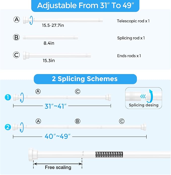 2-Pack White Shower Curtain Rod 31-49 Inch - 7/8'' Diamete Shower Tension Rod for Bathroom, Closet, Window, Room Divider, Adjustable Small Shower Rod, Easy Installation, No Drilling