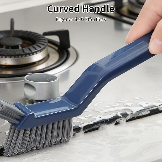 3-in-1 Grout Brush and Crevice Cleaner,with V-Shaped Bristles & Hair Clip-Multi-Surface Gap Cleaning Tool for Bathroom Tiles,Kitchen,Window Tracks,and Narrow Corners (Blue)