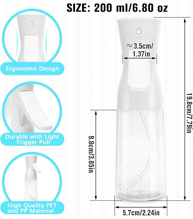 Spray Bottle For Hair,Continuous Water Mister for Hairstyling, Salons, Cleaning, Plants,Essential Oil Scents,Ultra Fine Mist Sprayer,6.8 OZ /200 ML-White(Christmas Gifts)
