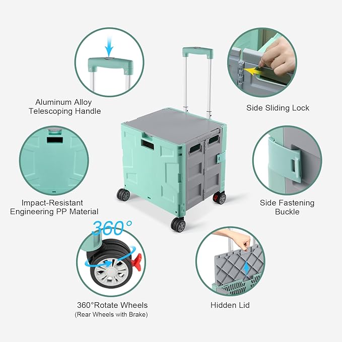 FELICON Folding Utility Cart Portable Rolling Crate Handcart with Durable Heavy Duty Plastic Telescoping Handle Collapsible Hidden Lid 4 Rotate Wheels for Travel Shop Move Office Teacher(Green&Gray)