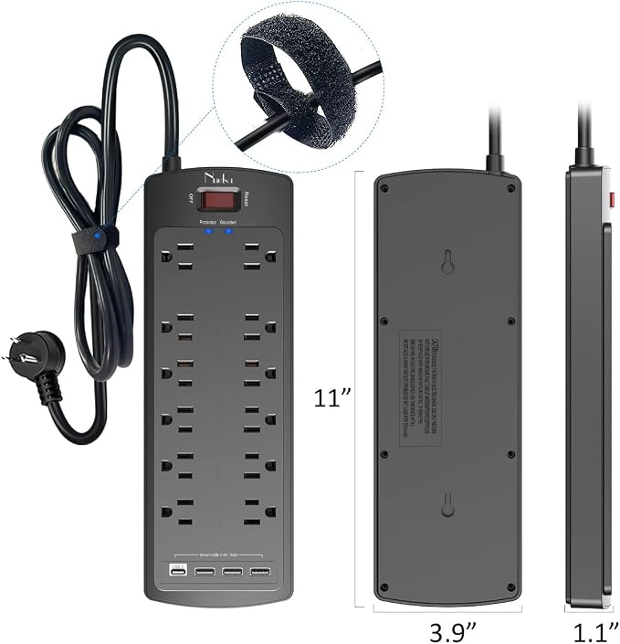 Power Strip, Nuetsa Surge Protector with 12 Outlets and 4 USB Ports, 6 Feet Flat Plug Extension Cord for Home, Office, Dorm Essentials, 2700 Joules, ETL Listed, Black